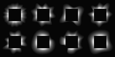 Büyük kare kareler gradyanı olan çerçeveleri aydınlatır. Siyah arkaplanda sekiz beyaz neon pankart var. Vektör illüstrasyonu