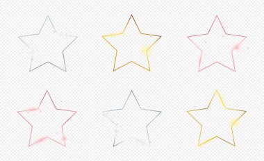 Şeffaf arkaplanda izole edilmiş altı adet altın, gümüş ve gül sarısı parıldayan yıldız şeklindeki çerçeve. Parlak efektli parlak bir çerçeve. Vektör illüstrasyonu