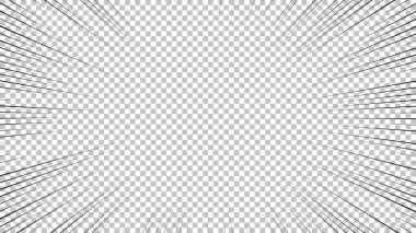 Şeffaf arkaplanda siyah çizgileri olan çizgi roman sayfası. Patlama ışınları desenli şablon dokuyu etkiler. Vektör illüstrasyonu