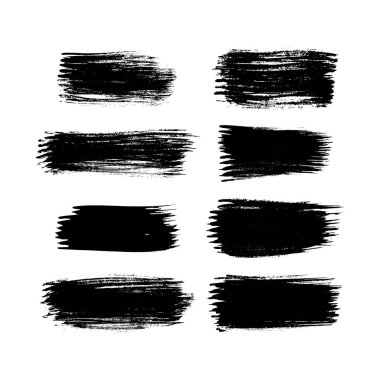 Bir dizi siyah fırça darbesi. Beyaz arka planda elle çizilmiş mürekkep lekeleri var. Vektör illüstrasyonu