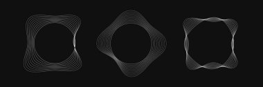 Dinamik dalgalı çizgili üç yuvarlak çerçeve seti. Siyah arka planda beyaz dalgalı daireler koleksiyonu. Tasarım elemanı. Vektör illüstrasyonu