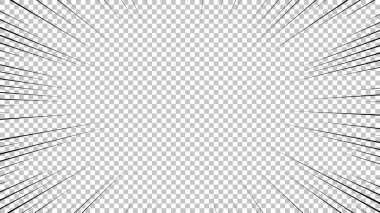 Şeffaf arkaplanda siyah çizgileri olan çizgi roman sayfası. Patlama ışınları desenli şablon dokuyu etkiler. Vektör illüstrasyonu