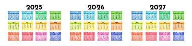 2025, 2026 ve 2027 için üç takvim seti beyaz arka planda izole edildi. Pazardan pazartesiye, iş planı. Vektör illüstrasyonu