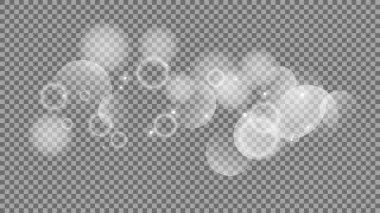 Bokeh şeffaf arkaplanda daireler çiziyor. Beyaz parlayan toz, parlayan ışıltı ve bokeh ışıkları. Vektör illüstrasyonu