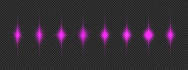 Lens fişeklerinin ışık etkisi. Gri şeffaf arkaplanda parıldayan sekiz mor parlak yıldız patlaması efekti. Vektör illüstrasyonu