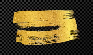 Altın fırça darbesi. El çizimi mürekkep lekesi koyu şeffaf arkaplanda izole edilmiş. Vektör illüstrasyonu