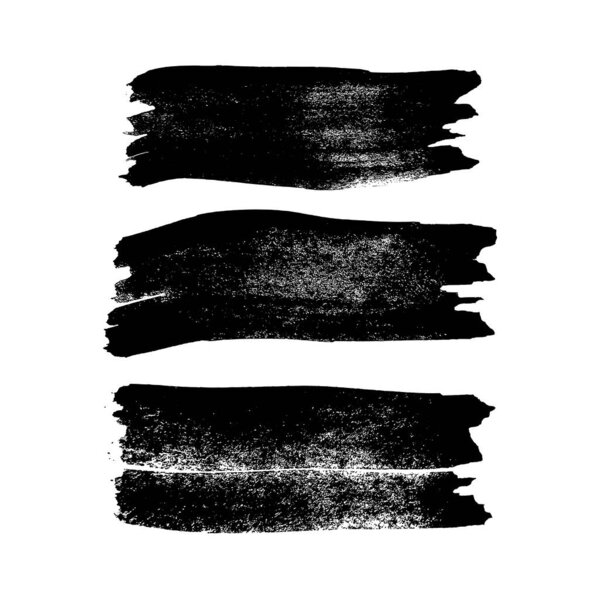 Набор из трех черных мазков кистью. Ручные пятна чернил изолированы на белом фоне. Векторная иллюстрация