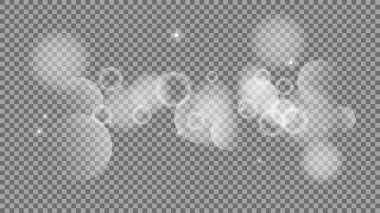 Bokeh şeffaf arkaplanda daireler çiziyor. Beyaz parlayan toz, parlayan ışıltı ve bokeh ışıkları. Vektör illüstrasyonu