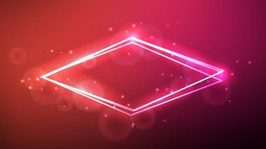 Parlak efektli ve kırmızı arka planda parıldayan neon eşkenar dörtgen çerçeve. Boş parlayan tekno fon. Vektör illüstrasyonu