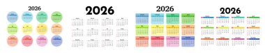 2026 için dört takvim seti beyaz arka planda izole edildi. Pazardan pazartesiye, iş planı. Vektör illüstrasyonu