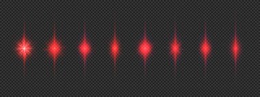 Lens fişeklerinin ışık etkisi. Gri şeffaf arkaplanda parıldayan sekiz kırmızı ışık patlaması efekti. Vektör illüstrasyonu