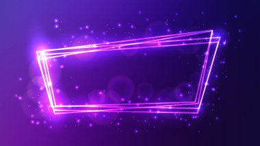 Parlak efektli neon çerçeve ve mavi arka planda parıltılar. Boş parlayan tekno fon. Vektör illüstrasyonu