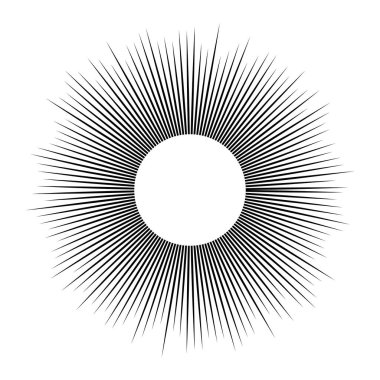 Güneş sembolü. Beyaz arka planda siyah güneş ışınları. Vektör illüstrasyonu
