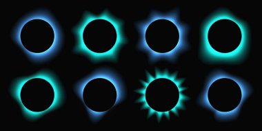 Çemberleri gradyanla aydınlat. Siyah arkaplanda sekiz tane mavi neon pankart var. Vektör illüstrasyonu