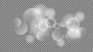 Bokeh şeffaf arkaplanda daireler çiziyor. Beyaz parlayan toz, parlayan ışıltı ve bokeh ışıkları. Vektör illüstrasyonu