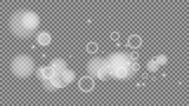Bokeh şeffaf arkaplanda daireler çiziyor. Beyaz parlayan toz, parlayan ışıltı ve bokeh ışıkları. Vektör illüstrasyonu