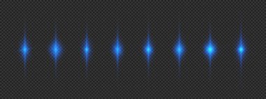 Lens fişeklerinin ışık etkisi. Gri şeffaf arkaplanda parıldayan sekiz mavi ışık patlaması efekti. Vektör illüstrasyonu