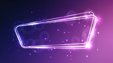 Neon yuvarlak çerçeve, parlak efektler ve mavi arka planda parıltılar. Boş parlayan tekno fon. Vektör illüstrasyonu
