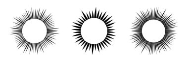 Üç güneş sembolü seti. Beyaz arka planda siyah güneş ışınları. Vektör illüstrasyonu