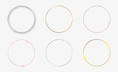 Şeffaf arkaplanda izole edilmiş altı adet altın, gümüş ve gül rengi parlak halka çerçeveler. Parlak efektli parlak bir çerçeve. Vektör illüstrasyonu