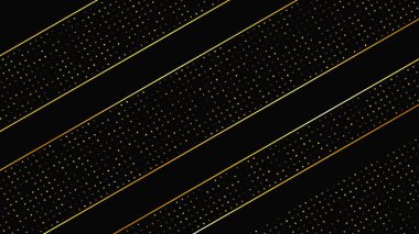 Soyut altın çizgileri ve parlak noktaları olan gösterişli, koyu bir arka plan. Işıldayan pırıltılı arkaplan. Modern şablonlar için şık ve zarif bir tasarım. Vektör illüstrasyonu