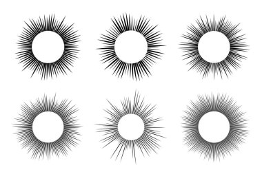 Altı güneş sembolü seti. Beyaz arka planda siyah güneş ışınları. Vektör illüstrasyonu