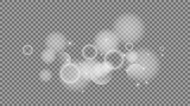 Bokeh şeffaf arkaplanda daireler çiziyor. Beyaz parlayan toz, parlayan ışıltı ve bokeh ışıkları. Vektör illüstrasyonu