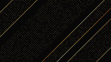 Soyut altın çizgileri ve parlak noktaları olan gösterişli, koyu bir arka plan. Işıldayan pırıltılı arkaplan. Modern şablonlar için şık ve zarif bir tasarım. Vektör illüstrasyonu