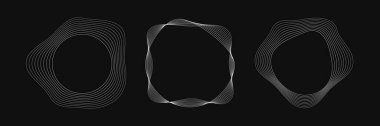 Dinamik dalgalı çizgili üç yuvarlak çerçeve seti. Siyah arka planda beyaz dalgalı daireler koleksiyonu. Tasarım elemanı. Vektör illüstrasyonu