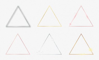 Şeffaf arkaplanda izole edilmiş altı altın, gümüş ve gül sarısı parıldayan üçgen çerçeve. Parlak efektli parlak bir çerçeve. Vektör illüstrasyonu