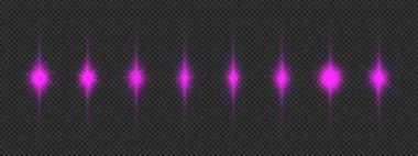 Lens fişeklerinin ışık etkisi. Gri şeffaf arkaplanda parıldayan sekiz mor parlak yıldız patlaması efekti. Vektör illüstrasyonu