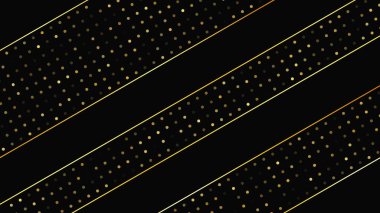 Soyut altın çizgileri ve parlak noktaları olan gösterişli, koyu bir arka plan. Işıldayan pırıltılı arkaplan. Modern şablonlar için şık ve zarif bir tasarım. Vektör illüstrasyonu