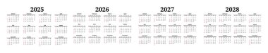 2025, 2026, 2027 ve 2028 için dört dikey takvim seti beyaz arka planda izole edildi. Pazardan pazartesiye, iş planı. Vektör illüstrasyonu