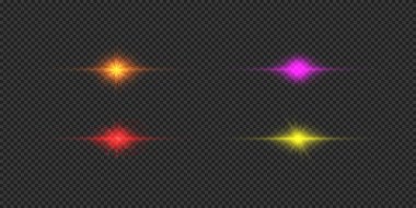 Lens fişeklerinin ışık etkisi. Gri şeffaf arkaplanda parıldayan dört çok renkli, parlak ışık patlaması efekti. Vektör illüstrasyonu