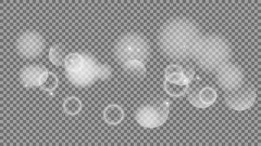 Bokeh şeffaf arkaplanda daireler çiziyor. Beyaz parlayan toz, parlayan ışıltı ve bokeh ışıkları. Vektör illüstrasyonu