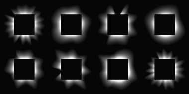 Büyük kare kareler gradyanı olan çerçeveleri aydınlatır. Siyah arkaplanda sekiz beyaz neon pankart var. Vektör illüstrasyonu