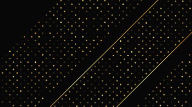 Soyut altın çizgileri ve parlak noktaları olan gösterişli, koyu bir arka plan. Işıldayan pırıltılı arkaplan. Modern şablonlar için şık ve zarif bir tasarım. Vektör illüstrasyonu