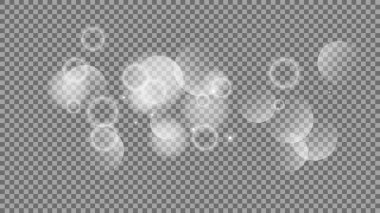 Bokeh şeffaf arkaplanda daireler çiziyor. Beyaz parlayan toz, parlayan ışıltı ve bokeh ışıkları. Vektör illüstrasyonu