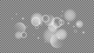 Bokeh şeffaf arkaplanda daireler çiziyor. Beyaz parlayan toz, parlayan ışıltı ve bokeh ışıkları. Vektör illüstrasyonu
