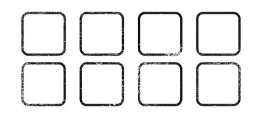 Yuvarlak kare şeklinde grunge kenarları. Beyaz zemin üzerinde boşluk olan sekiz tane koyu desenli çerçeve koleksiyonu. Vektör illüstrasyonu