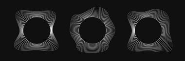 Dinamik dalgalı çizgili üç yuvarlak çerçeve seti. Siyah arka planda beyaz dalgalı daireler koleksiyonu. Tasarım elemanı. Vektör illüstrasyonu