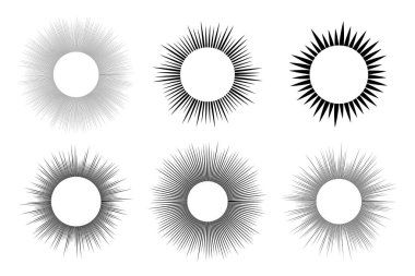 Altı güneş sembolü seti. Beyaz arka planda siyah güneş ışınları. Vektör illüstrasyonu