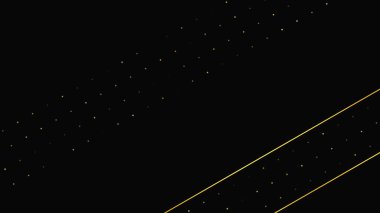 Soyut altın çizgileri ve parlak noktaları olan gösterişli, koyu bir arka plan. Işıldayan pırıltılı arkaplan. Modern şablonlar için şık ve zarif bir tasarım. Vektör illüstrasyonu