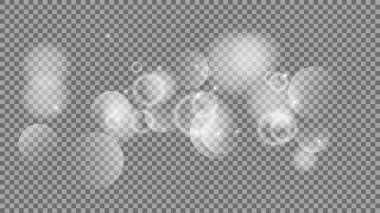 Bokeh şeffaf arkaplanda daireler çiziyor. Beyaz parlayan toz, parlayan ışıltı ve bokeh ışıkları. Vektör illüstrasyonu