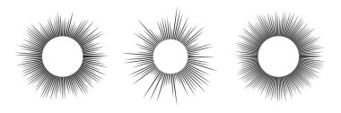 Üç güneş sembolü seti. Beyaz arka planda siyah güneş ışınları. Vektör illüstrasyonu