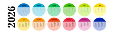 2026 için yatay takvim beyaz arka planda izole edilmiş. Pazardan pazartesiye, iş planı. Vektör illüstrasyonu