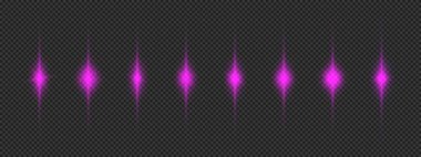 Lens fişeklerinin ışık etkisi. Gri şeffaf arkaplanda parıldayan sekiz mor parlak yıldız patlaması efekti. Vektör illüstrasyonu