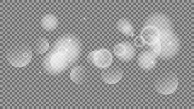 Bokeh şeffaf arkaplanda daireler çiziyor. Beyaz parlayan toz, parlayan ışıltı ve bokeh ışıkları. Vektör illüstrasyonu