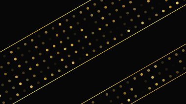 Soyut altın çizgileri ve parlak noktaları olan gösterişli, koyu bir arka plan. Işıldayan pırıltılı arkaplan. Modern şablonlar için şık ve zarif bir tasarım. Vektör illüstrasyonu