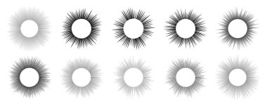 Güneş sembolleri seti. Beyaz arka planda siyah güneş ışınları. Vektör illüstrasyonu